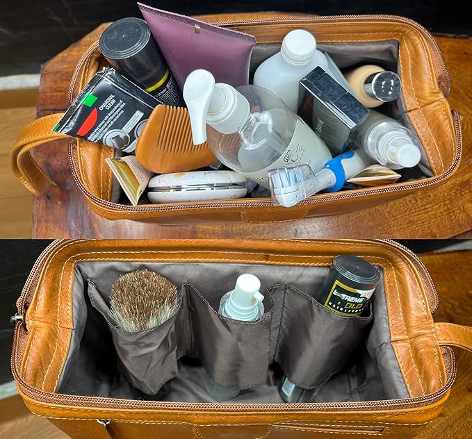 RUSTIC TOWN Leather Toiletry Bag for Men - Shaving Dopp Kit - Travel Gift Bathroom Shower Toiletries Organizer - Cosmetic Makeup Bag for Women