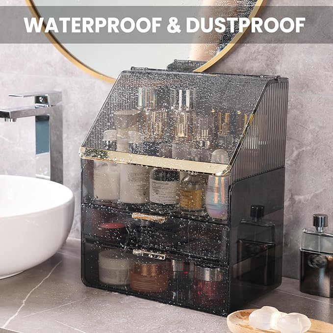 Makeup Organizer with Lid Cosmetic Storage Box for Bathroom Counter Cosmetic Display Case with Drawers for Vanity Countertop Makeup Storage with Lipstick Holder(Clear Black Flat Lid)