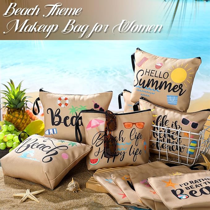 10 Pcs Beach Themed Cosmetic Bags Bulk Zipper Pouch Makeup Bag for Women Girls Sea Weekend Travel Vacation Trip Gifts Supplies Summer Party Favors Beach Accessories