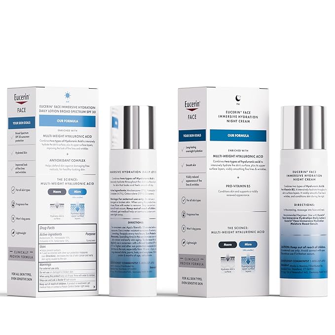 Eucerin Face Immersive Hydration Daily Face Lotion with SPF 30 (2.5 Fl Oz) Bottle + Night Cream with Hyaluronic Acid (2.5 Fl Oz), Skin Care Gifts for Mom