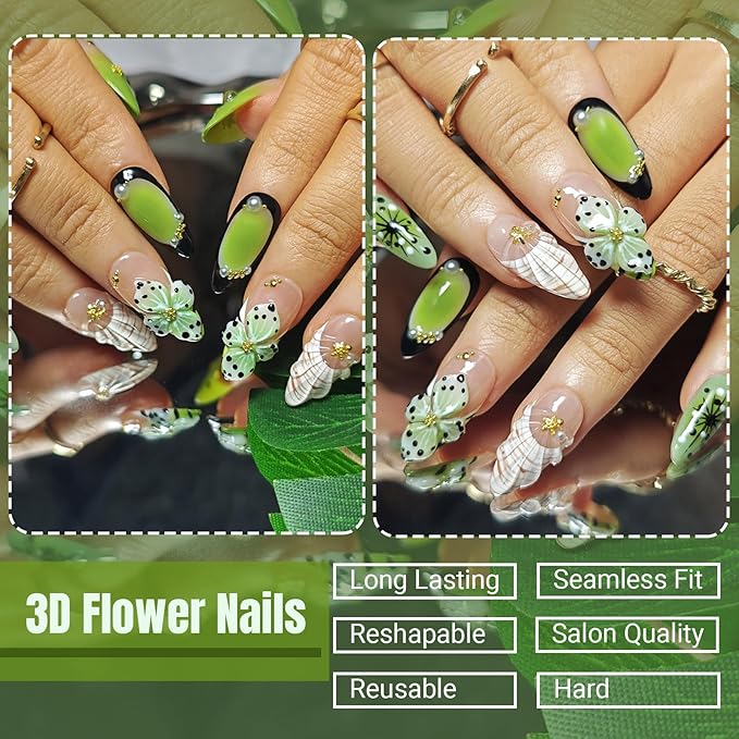 Handmade Acrylic Press On Nails Almond, 3D Press On Nails Medium, 3D Green Nails French Tip Flower Bubble Preal For Women Gift, Reusable Stick On Fake Nails Kit With Nail Glue (Floral Oasis-M)