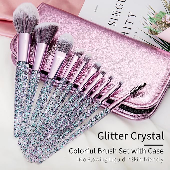 Glitter Makeup Brushes Set Professional, Vegan Makeup Brush Set with Case, Cosmetic Brushes Makeup Set, Make up Brushes Vegan, Purple Make up Brushes Set Professional, Makeup Brush Set Vegan.