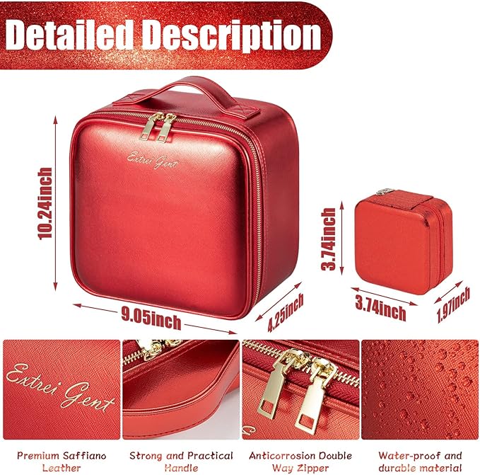 Makeup Travel Train Case with Mirror LED Light 3 Adjustable Brightness Cosmetic Bag Portable Storage Adjustable Partition Waterproof Brushes Make up Jewelry Gift for Women