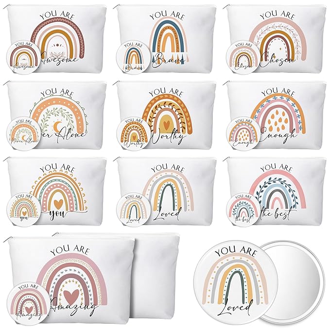 20 Pcs Employee Appreciation Gifts 10 Inspirational Canvas Makeup Bags 10 Compact Mirrors Bulk Cosmetic Bags Round Portable Pocket Mirror Thank You Gifts for Women (Rainbow)