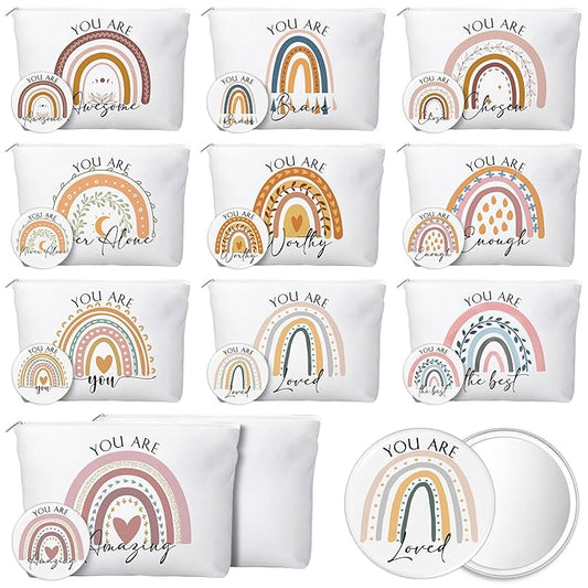 20 Pcs Employee Appreciation Gifts 10 Inspirational Canvas Makeup Bags 10 Compact Mirrors Bulk Cosmetic Bags Round Portable Pocket Mirror Thank You Gifts for Women (Rainbow)