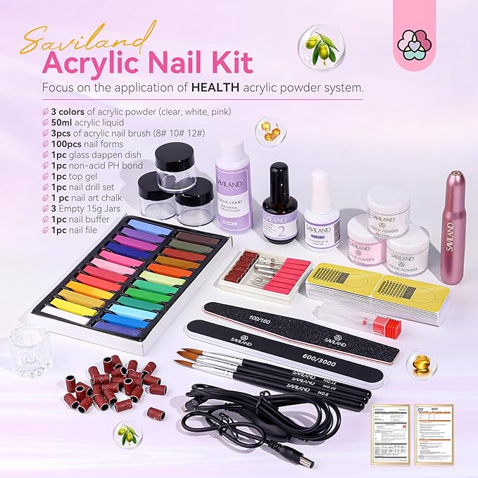 SAVILAND Acrylic Nail Kit with Drill: Professional Set for Beginners with Everything 30g Acrylic Powder & 50ml Monomer Liquid Nail Brush Files Forms Tools Extension Nail Kit Gift Home DIY Salon Nails