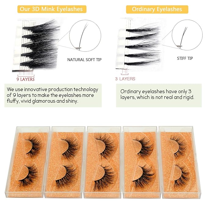 GOO GOO 3D Mink Eyelashes, Daily Type 13mm to 18mm 5 Styles Fake Eyelashes Multipack Real Siberian Mink Fur False Eyelashes Natural Look Hand Made Reusable Eyelashes for Women