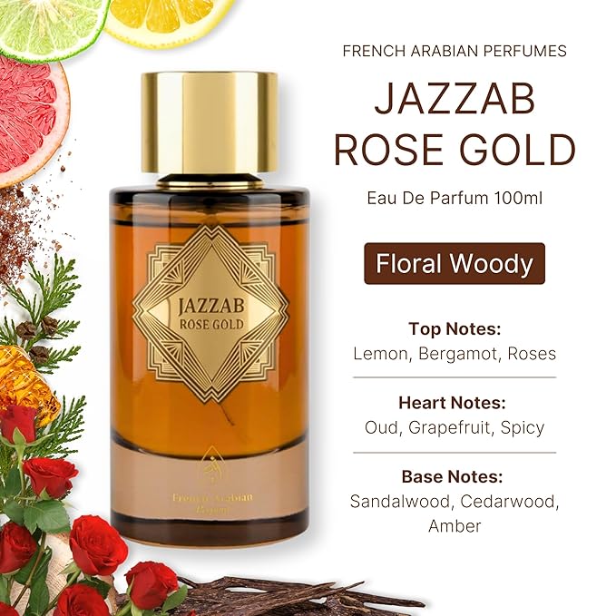 Jazzab Rose Gold Arab Perfume 100ml –Rose Woody Amber Oud Perfume For Her Eau De Parfum 100ml Fresh Scent Spray for Women