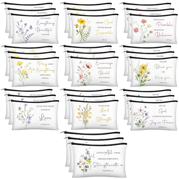 Jetec 30 Pcs Christian Gift for Women Religious Mother's Day Gifts Cosmetic Bags Inspirational Bible Verse Pencil Pouch Makeup Bags with Zipper for Travel Women Mother Sister(Flower Style)