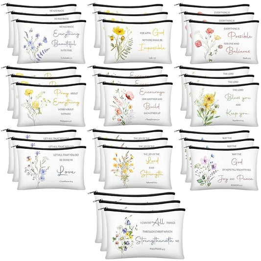 Jetec 30 Pcs Christian Gift for Women Religious Mother's Day Gifts Cosmetic Bags Inspirational Bible Verse Pencil Pouch Makeup Bags with Zipper for Travel Women Mother Sister(Flower Style)