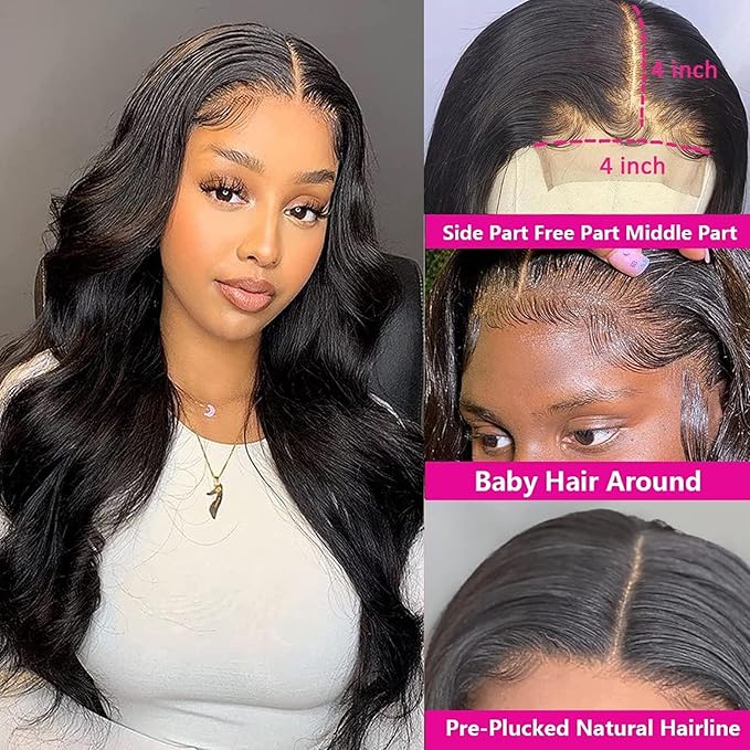 4x4 Lace Front Wigs Human Hair Pre Plucked with Baby Hair 150% Density 24 Inch Body Wave Brazilian Virgin Frontal Human Hair Wigs 4x4 Glueless HD Lace Closure Wig Human Hair for Women