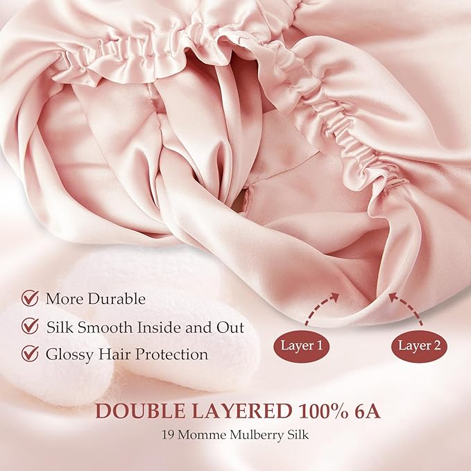 Silk Bonnet for Sleeping Women, 100% Mulberry Silk Sleep Cap with Elastic Band, Real Mulberry on Both Sides, Pink