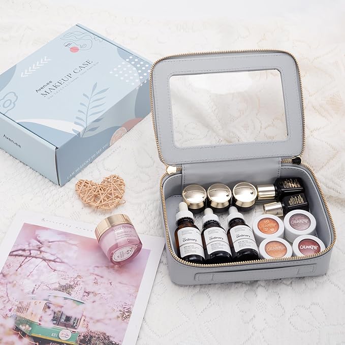 Aveniee Clear Makeup Bag Organizer, Portable Travel Toiletry Cosmetic Bag Case for Women, Heavy Duty Vegan Leather Make Up Pouch Car Bag for Essentials(Middle+Large) - Slate blue