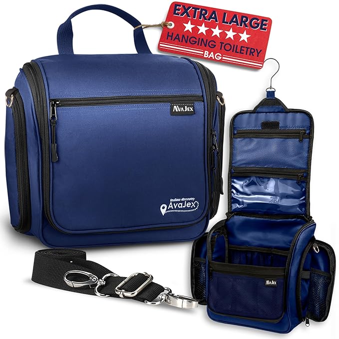 AvaJex Extra Large Hanging Travel Toiletry Bag for Men and Women - Cosmetic Travel Bag With Shoulder Strap - Waterproof Hygiene Bag with Metal Xxl Swivel Hook and 19 Compartments for Toiletries