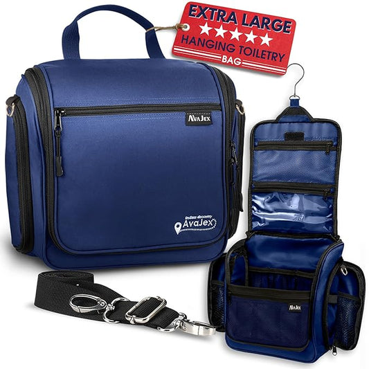 AvaJex Extra Large Hanging Travel Toiletry Bag for Men and Women - Cosmetic Travel Bag With Shoulder Strap - Waterproof Hygiene Bag with Metal Xxl Swivel Hook and 19 Compartments for Toiletries