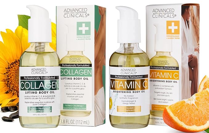 Advanced Clinicals Collagen Lifting Body Oil + Vitamin C Brightening Body Oil Moisturizer Skin Care Set - Nourishing, Brightening, & Firming Body Oil To Improve Look Of Sagging Skin, 2PC Bundle