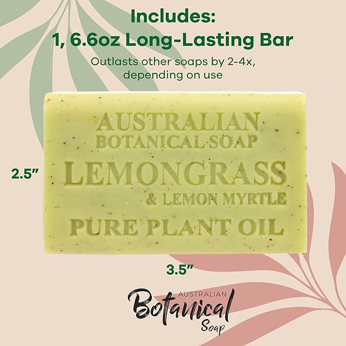 Australian Botanical Soap Lemongrass and Lemon Myrtle 6.6 oz Triple Milled Luxury Soap Bar Enriched with Shea Butter and Natural Oils, Pack of 1