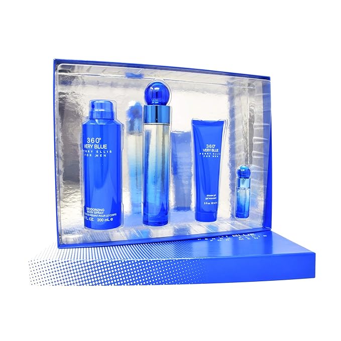 Perry Ellis 360 Very Blue 4 Pieces Gift Set for Men, (3.4 Ounce Eau de Toilette Spray + 6.8 Ounce Body Spray + 3.0 Ounce Shower Gel + 0.25 Ounce Eau de Toilette Spray)
