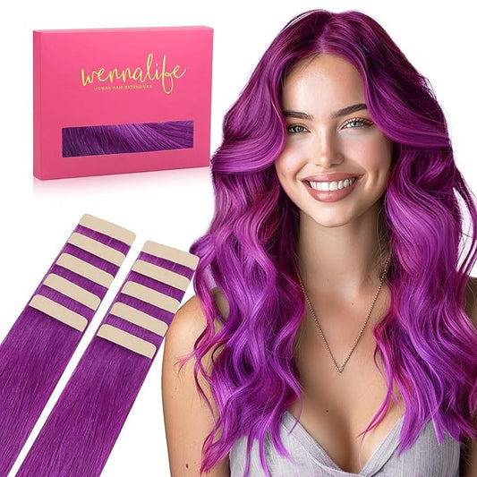 WENNALIFE Tape in Hair Extensions Human Hair Purple Tape in Extensions, 10pcs 25g 14 inch Remy Invisible Tape Ins Straight Colored Soft Real Human Hair Tape in Extensions Refill Set Extensions