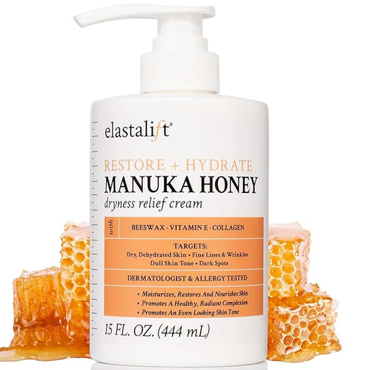 Elastalift Manuka Honey Cream Face Moisturizer & Body Butter Lotion For Dry Skin | Firming & Hydrating Miracle Balm Skin Care Moisturizing Lotion For Women, Wrinkles, & Sun Damaged Skin, 15 Fl Oz
