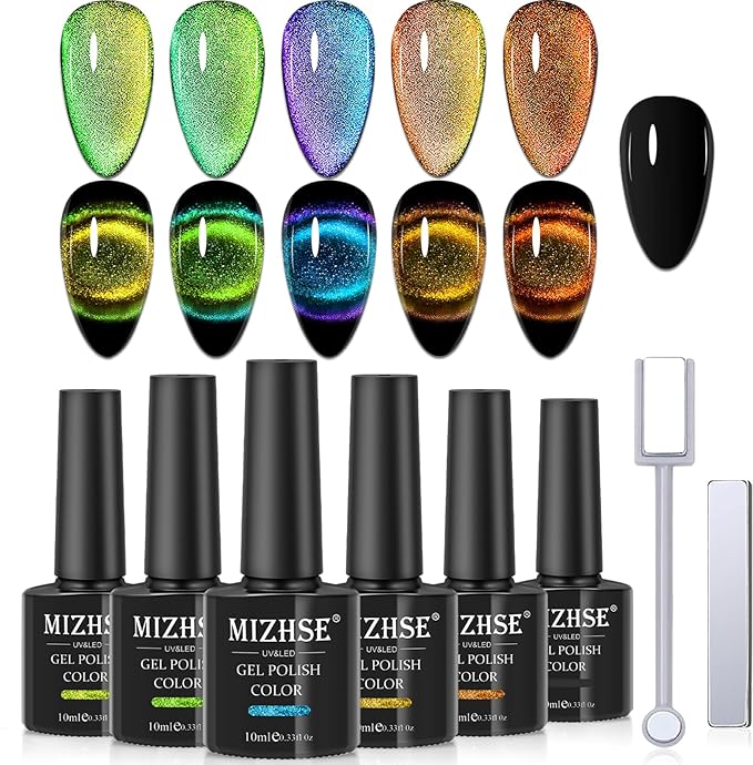 MIZHSE 9D Cat Eye Gel Nail Polish, Magnetic Gel Polish Set 10 ml 6 Colors with 2 Magnets, Chameleon Magic Galaxy Effect Nail Polish, Yellow Brown Fall Colors Soak Off Nail Art Gift for Ladies