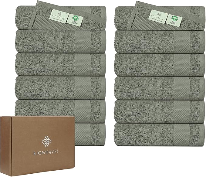 BIOWEAVES 100% Organic Cotton 700 GSM Luxury Washcloths GOTS Certified 13" x 13" Face Towel - Sage, Pack of 12