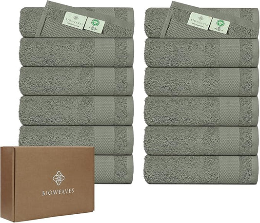 BIOWEAVES 100% Organic Cotton 700 GSM Luxury Washcloths GOTS Certified 13" x 13" Face Towel - Sage, Pack of 12