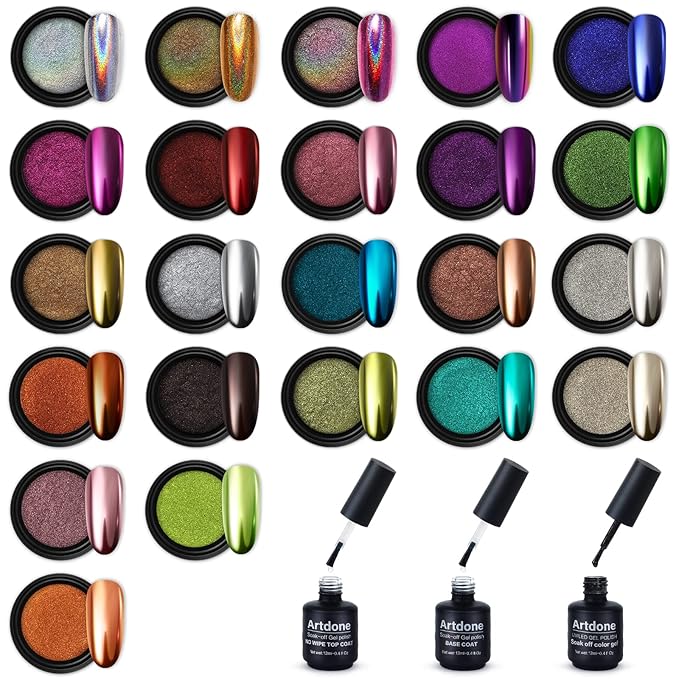 Artdone 23 Jars Chrome Nail Powder with Base& top Coat,Color Gel,Metallic Mirror Effect Holographic Chameleon Pigment 1g/Jar for Nail Art Gel Polish Mermaid Unicorn Dipping Powder