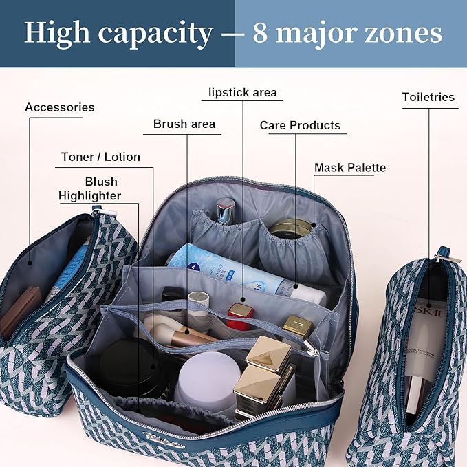 BOYATU Travel Makeup Bags for Women: Large Capacity Cosmetic Bag Set of 3 - Vegan Leather Make up Bags with Compartments - Wide Open Waterproof Toiletry Organizer Bag with Handle (E-01-Royal blue)