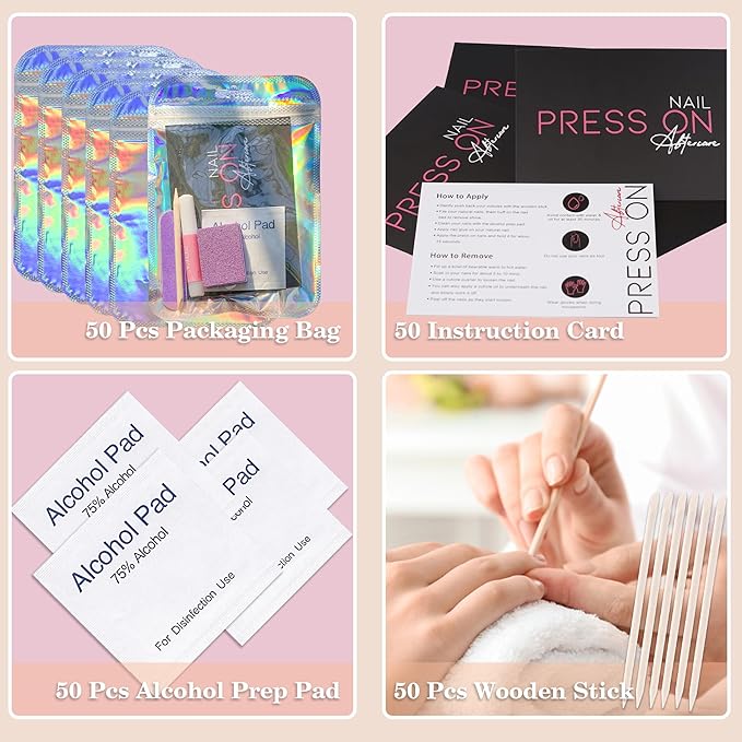 50 Set Press On Nail Tool Prep Kit for Salon Business, Disposable Manicure Kit with Nail File, Buffer, Glue, Prep Pad, Instruction Card, Adhesive Tabs, Wood Stick, Purple Packaging Bag