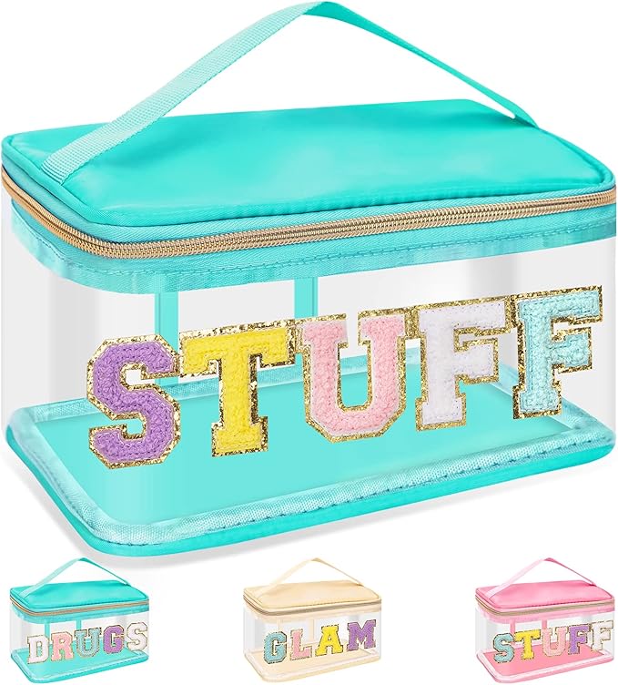Chenille Letter Clear Makeup Bags Stuff Pouch, Preppy Patch Makeup Bag Zipper with Handle, Transparent PVC & Nylon Waterproof Glitter Cosmetic Handbag Travel Toiletry Storage for Women (STUFF-Green)