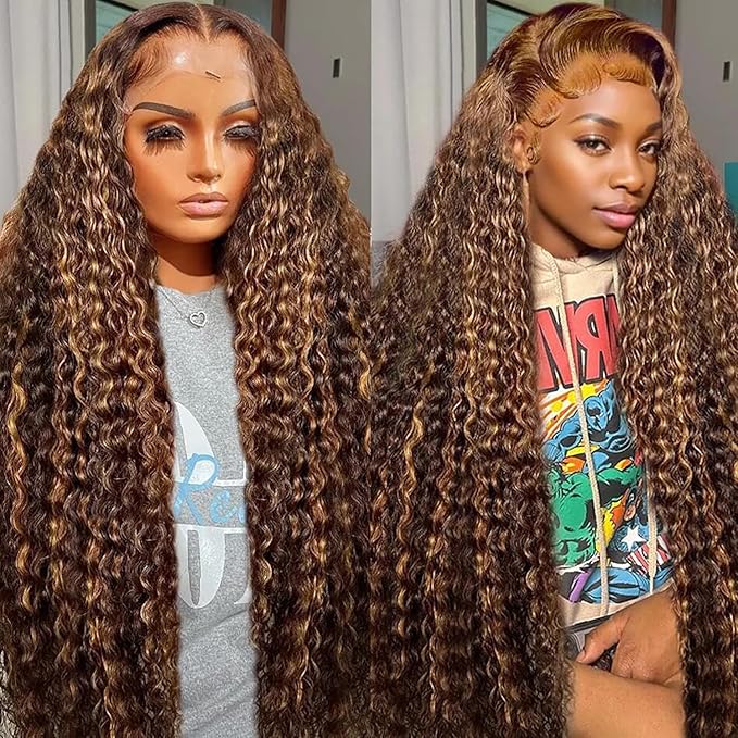 28inch Highlight Ombre Lace Front Wig Human Hair 13x6 HD Honey Blonde P4/27 Deep Wave Lace Frontal Wigs Human Hair Pre Plucked 180% Density Curly Water Wave Wigs for women
