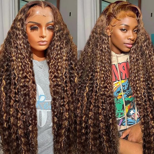 28inch Highlight Ombre Lace Front Wig Human Hair 13x6 HD Honey Blonde P4/27 Deep Wave Lace Frontal Wigs Human Hair Pre Plucked 180% Density Curly Water Wave Wigs for women