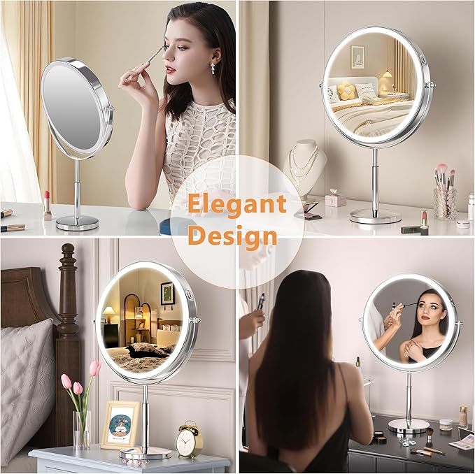 Hasipu 10-inch Lighted Makeup Mirror with Magnification, Rechargeable 3000 mAh Vanity Mirror with Lights, Desk Mirror with Dimmable Brightness, 3 Lighting Modes, Height Adjustment, 360° Rotation
