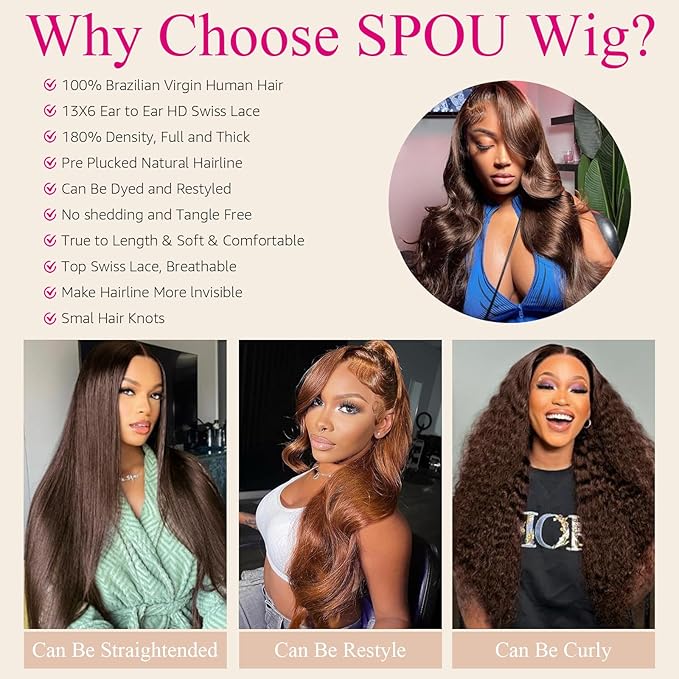 30 Inch Chocolate Brown Lace Front Wig Pre Plucked 13x6 Body Wave Lace Front Wigs Human Hair 180% Density Colored #4 Light Brown Glueless Wig HD Lace Frontal Wigs for Women