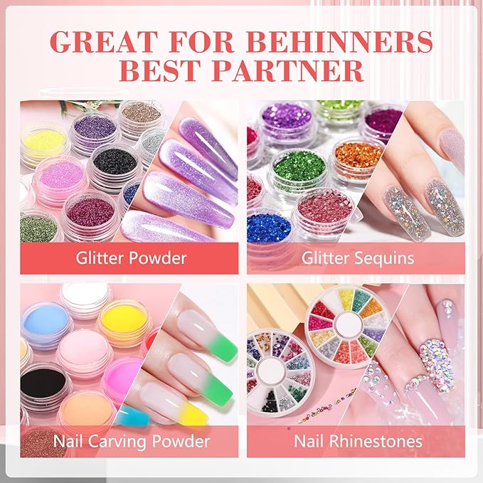 Professional Acrylic Nail Kit - Practice Hand Set with Powder, Brush, DIY Starter Kit for Beginners with tips, glue, and glitter
