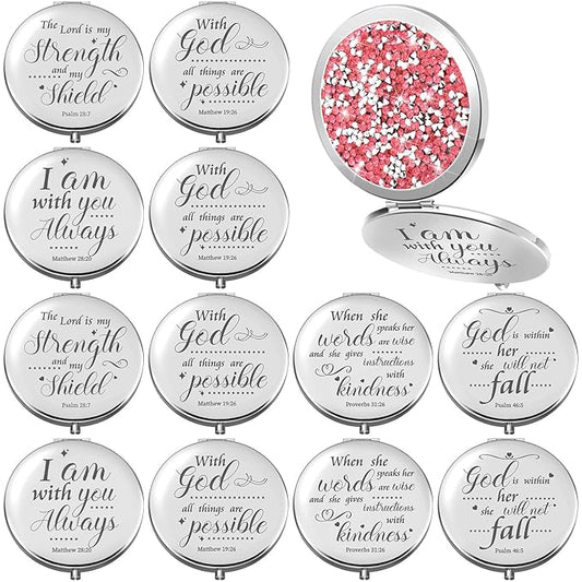 Thyle 12 Pcs Christian Compact Mirror Gifts for Women Bible Verse Bulk Hand Makeup Compact Purse Mirror Inspirational Religious Baptism Gift for Teacher Mother's Day Women Nurse(Pink)