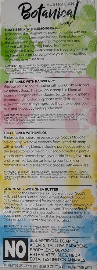 Australian Botanical Soap Multipack, Goat's Milk Oat's Milk, Lemongrass Raspberry Melon, 8 Bars