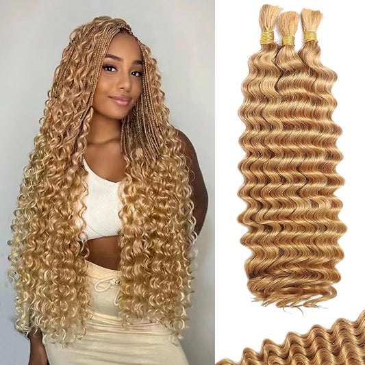 Human Braiding Hair For Boho Braids Deep Water Wave Human Bulk Hair for Braiding 12A Brazilian Virgin Human Hair Extensions for Boho Braids 3 Bundles/Pack 110g Honey Blonde 18inch