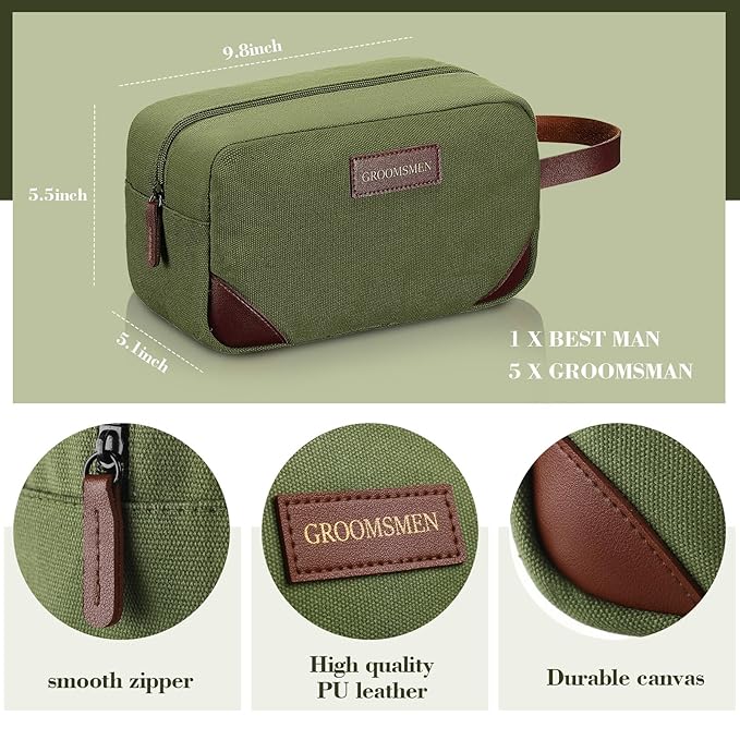 Eccliy 6 Set Groomsmen Gifts Men Toiletry Bags Men's Travel Shaving Kit Bathroom Bags Water Resistant Toiletry Case for Wedding Groomsman Proposal Gift Travel Accessories(Army Green)