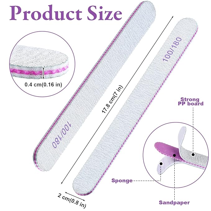 200 Pcs Nail Files 100/180 Grit Double Sides Emery Boards Reusable Nail Files for Acrylic Fingernails Professional Manicure Tools for Natural Acrylic Fingernail Home and Salon Supplies