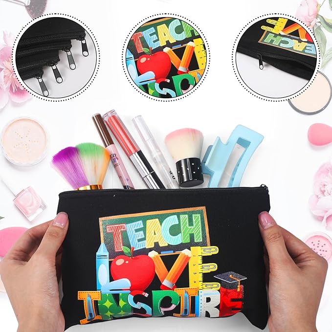 Capoda 56 Pcs Teacher Appreciation Gifts in Bulk 28 Inspirational Flax Cosmetic Bags for Women 28 Motivational Quote Keychains Thank You Gifts for Teacher's Day Graduation Back to School (Black)