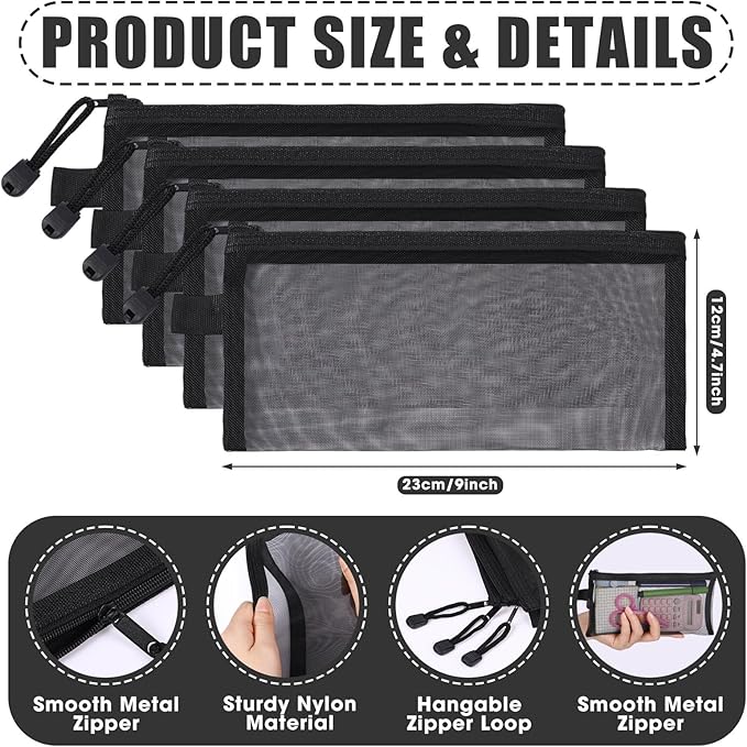 80 Pcs Mesh Zipper Pouch Bulk Multicolor Pencil Storage Pouch Multipurpose Mesh Cosmetics Bags Toiletry Makeup Bags for Office Travel Organization(Black)