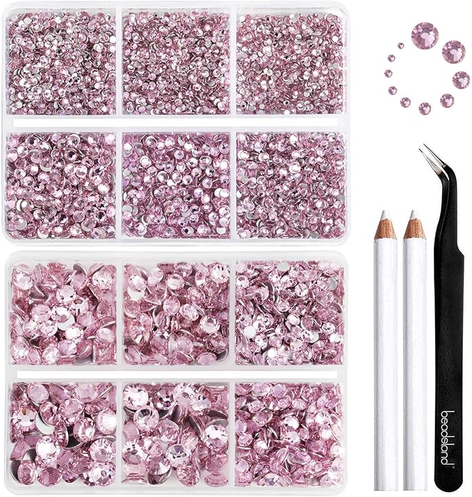 Beadsland 8300PCS Flatback Rhinestones, Pink Rhinestone Round Crystal Rhinestones for Crafts, Mixed 10 Sizes with Wax Pencil and Tweezer Kit, SS3-SS30, Light Rose/Light Pink