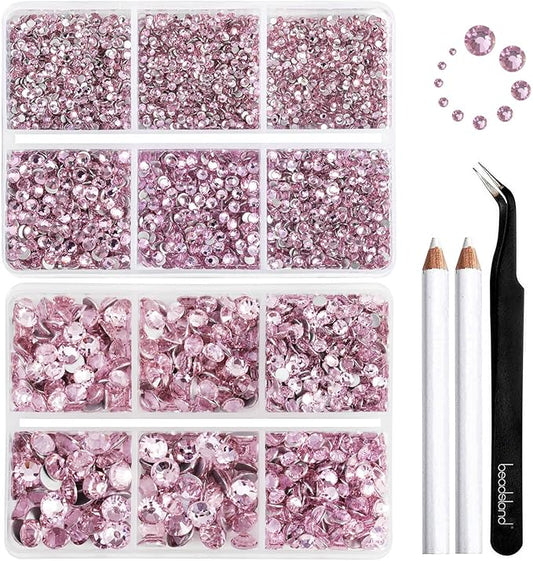 Beadsland 8300PCS Flatback Rhinestones, Pink Rhinestone Round Crystal Rhinestones for Crafts, Mixed 10 Sizes with Wax Pencil and Tweezer Kit, SS3-SS30, Light Rose/Light Pink