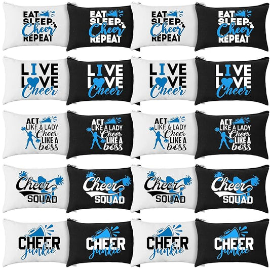 Pinkunn 20 Pcs Cheer Makeup Bags Bulk Cheerleader Gifts for Women Canvas Cheer Cosmetic Pouch Toiletry Zipper Makeup Case Cheerleading Portable Travel Pouch Team Accessories(Blue)
