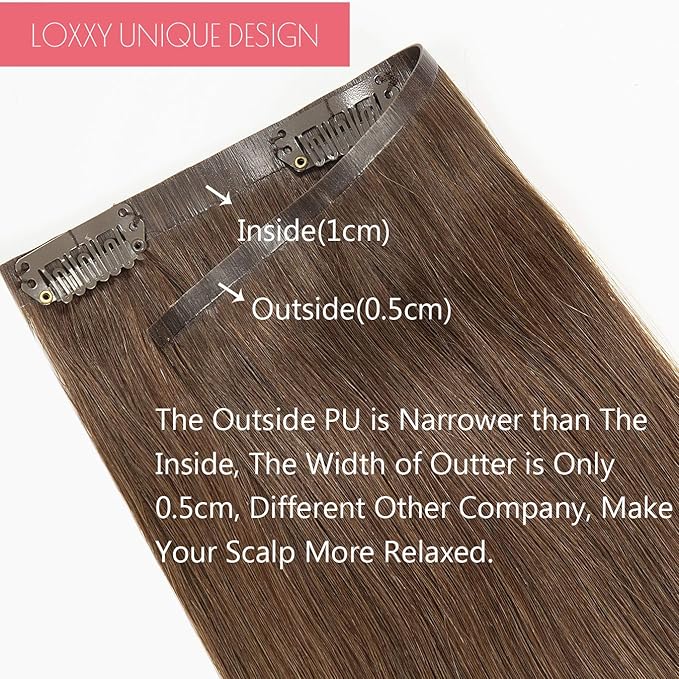 Loxxy Tape Clip In Hair Extensions Natural Thick End Glam Seamless Hair Extensions Clip in Human Hair For Women Silky Straight Full Head Dark Brown Color 7 Pieces 110Gram 16inch