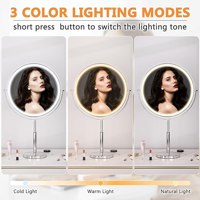 Hasipu 10-inch Lighted Makeup Mirror with Magnification, Rechargeable 3000 mAh Vanity Mirror with Lights, Desk Mirror with Dimmable Brightness, 3 Lighting Modes, Height Adjustment, 360° Rotation