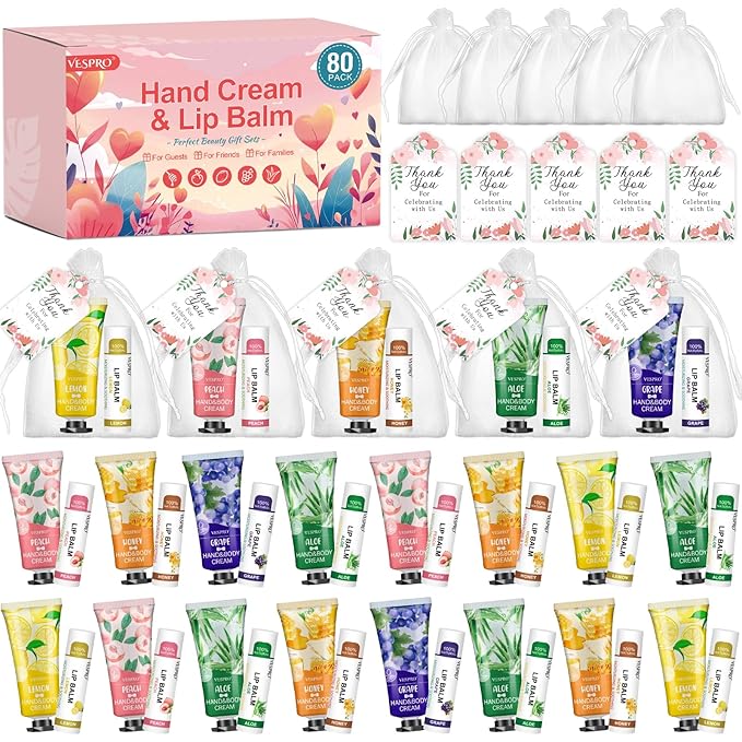 80 Sets Bulk Hand Cream and Bulk Lip Balm Gifts, Mothers Day Gifts, Baby Shower Party Favors and Bridal Shower Gifts for Guests with Thank You Card Organza Bags, Teacher Appreciation Gifts for Women
