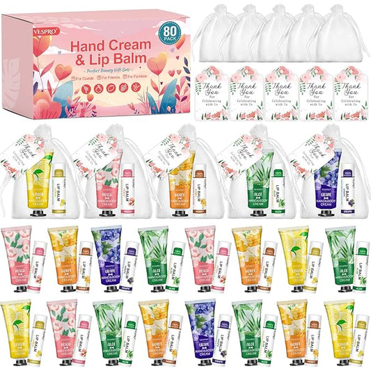 80 Sets Bulk Hand Cream and Bulk Lip Balm Gifts, Mothers Day Gifts, Baby Shower Party Favors and Bridal Shower Gifts for Guests with Thank You Card Organza Bags, Teacher Appreciation Gifts for Women